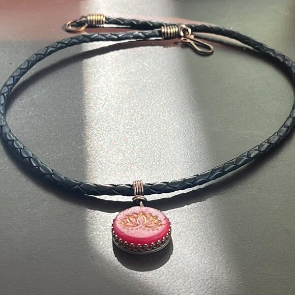 Braided Leather Necklace, Red Lotus Pendant, Women's Men's Layering Necklace - Picture 3 of 6